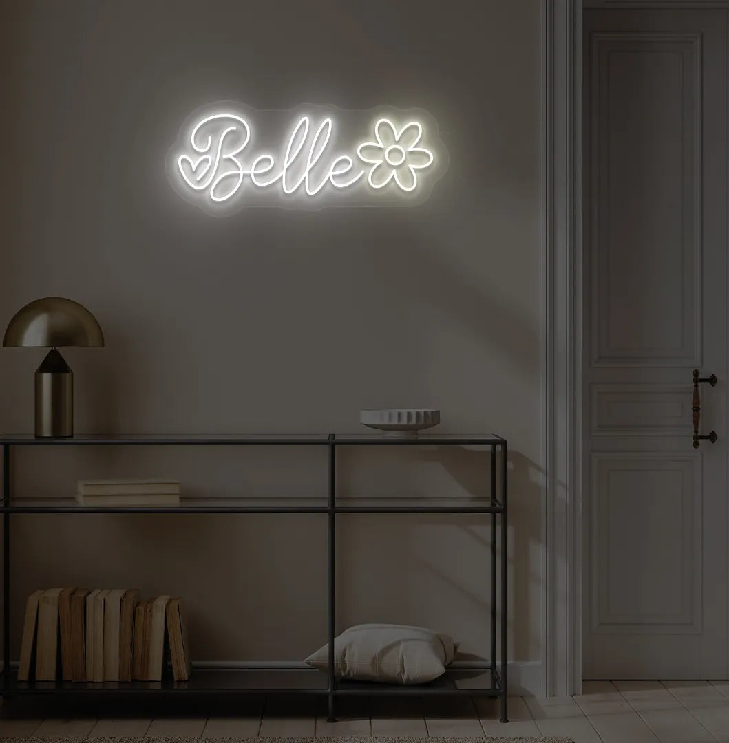 Personalized Name with Flower neon sign in white color mounted on modern wall.