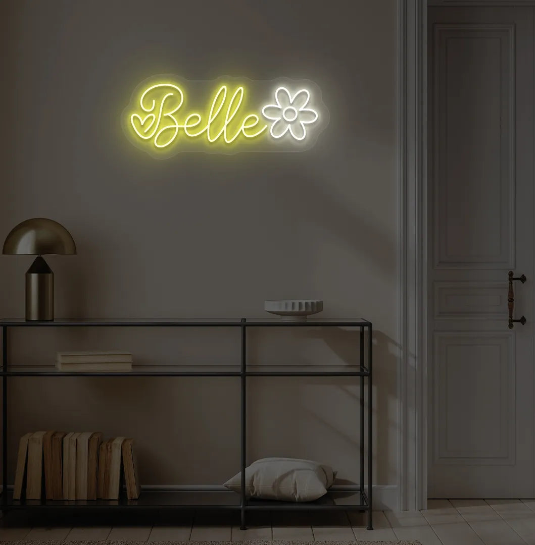 Stylish Name with Flower Custom neon sign mounted on aesthetic wall in yellow color.