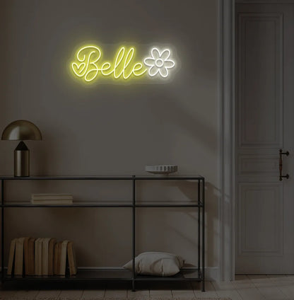 Stylish Name with Flower Custom neon sign mounted on aesthetic wall in yellow color.