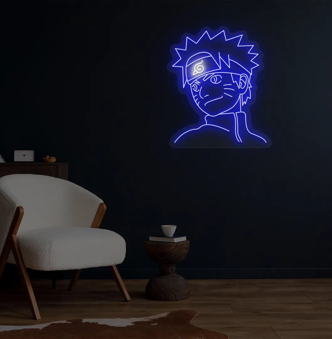 Anime-themed Naruto blue neon sign mounted on modern bedroom wall.