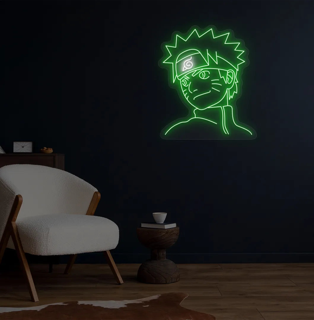 Stylish Naruto Anime LED neon sign mounted on aesthetic wall in green color.