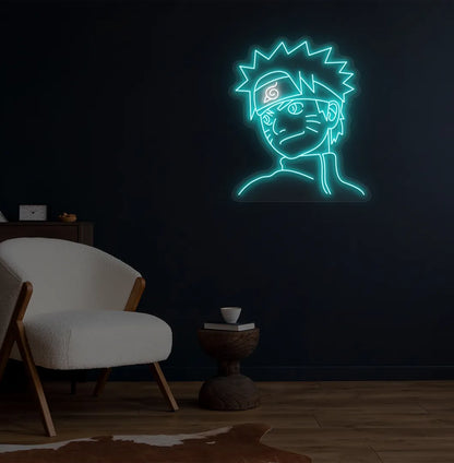 Anime-themed Naruto ice blue neon sign mounted on modern bedroom wall.