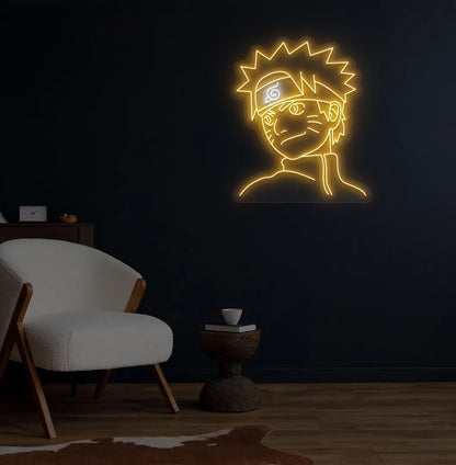 Stylish Naruto Anime LED neon sign mounted on aesthetic wall in orange color.