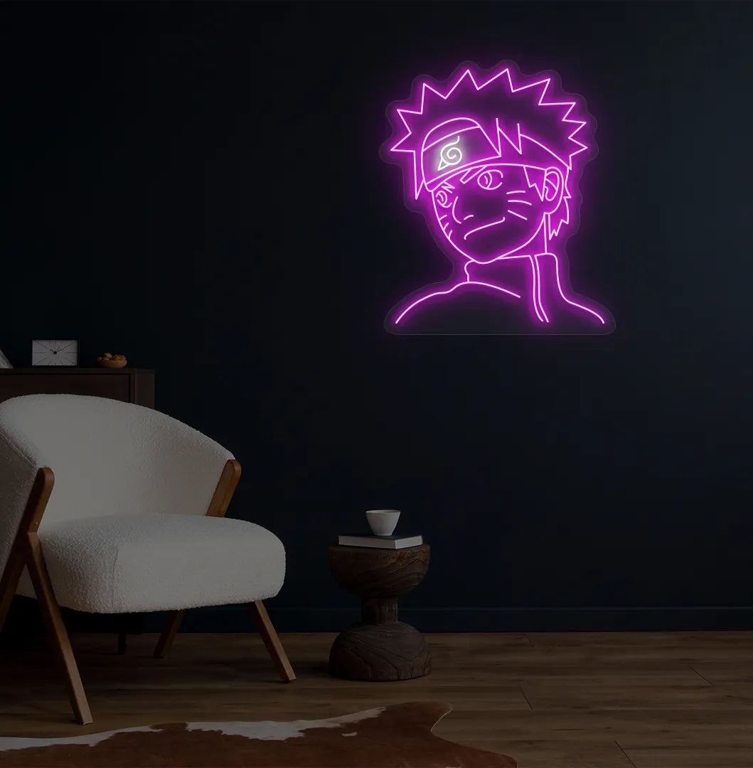 Anime-themed Naruto pink neon sign mounted on modern bedroom wall.