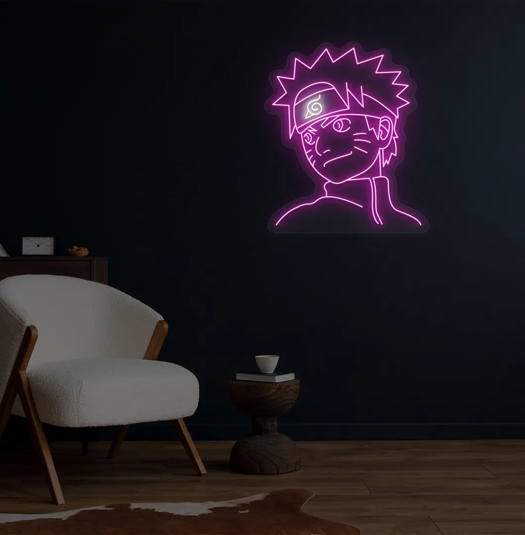 Stylish Naruto Anime LED neon sign mounted on aesthetic wall in purple color.