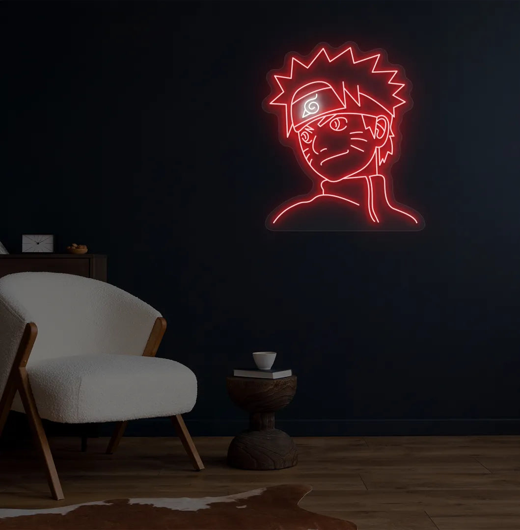 Anime-themed Naruto red neon sign mounted on modern bedroom wall.