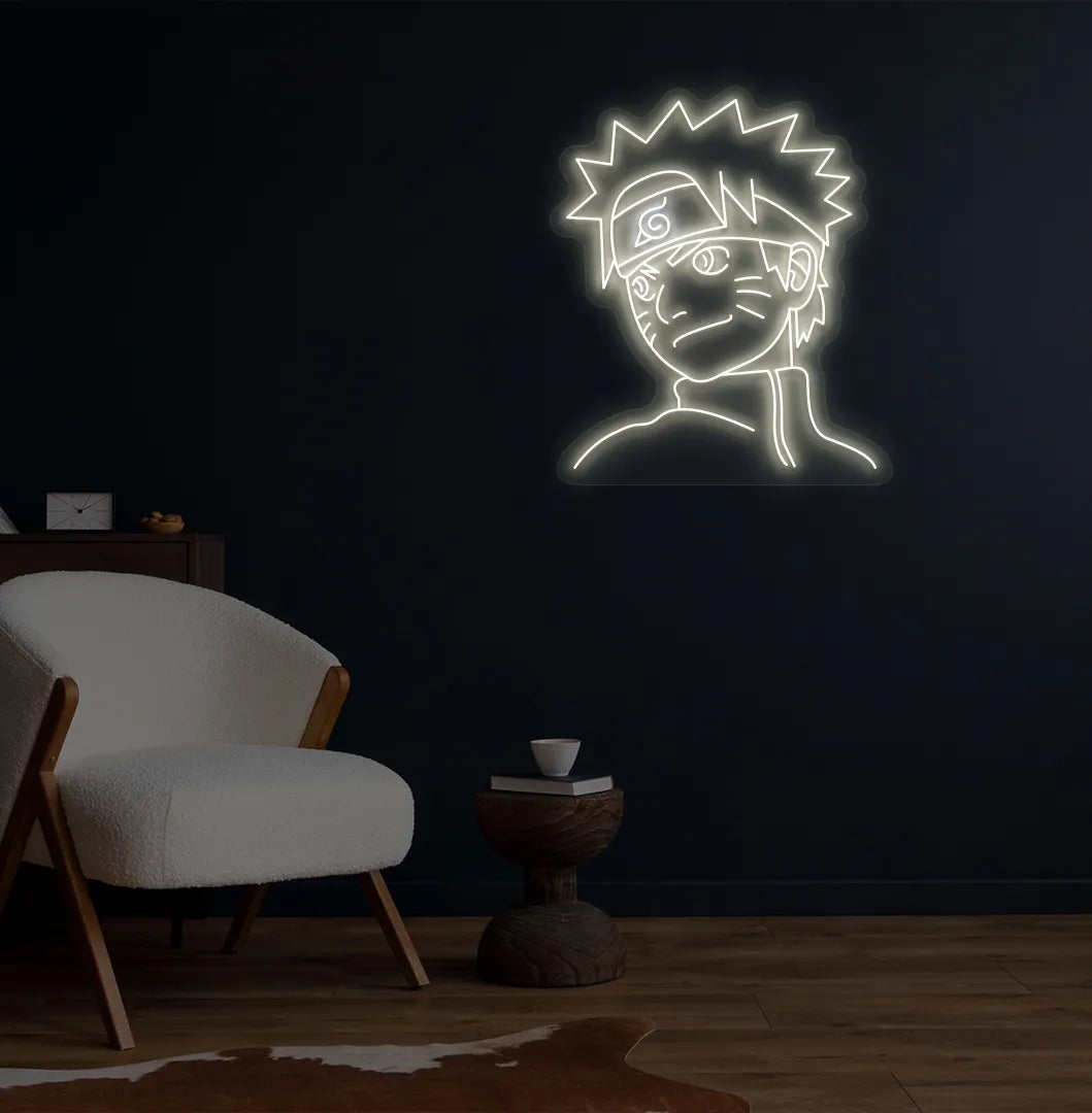 Stylish Naruto Anime LED neon sign mounted on aesthetic wall in warm white color.