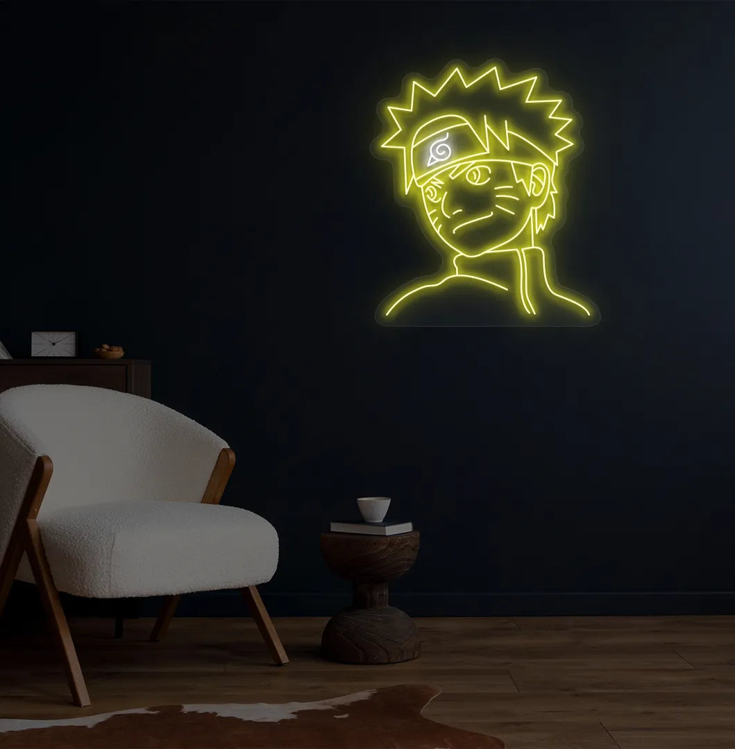 Stylish Naruto Anime LED neon sign mounted on aesthetic wall in yellow color.