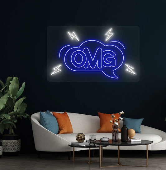 Image of an OMG neon sign on aesthetic living room wall  in blue color.