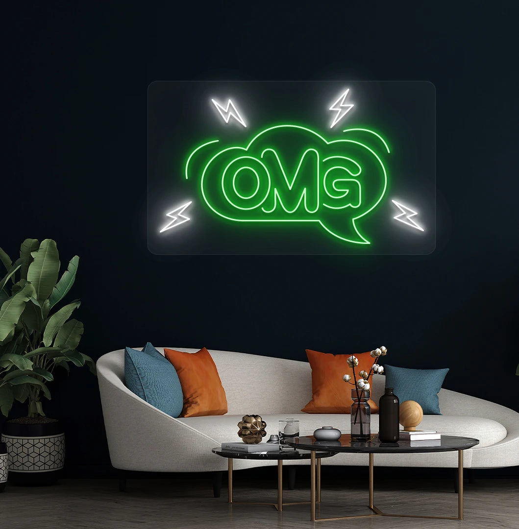 Trendy OMG neon sign in green mounted on living room wall.