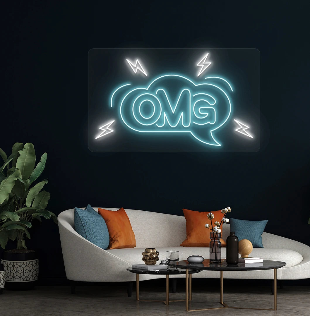 Image of an OMG neon sign on aesthetic living room wall in ice blue color.