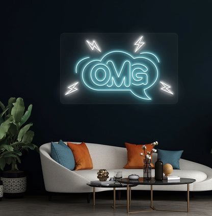 Image of an OMG neon sign on aesthetic living room wall in ice blue color.