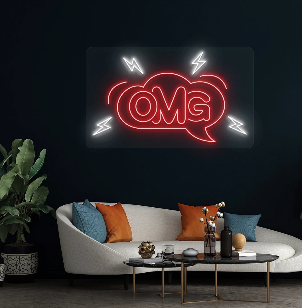 Image of an OMG neon sign on aesthetic living room wall in red color.