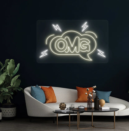 Trendy OMG neon sign in warm white mounted on living room wall.