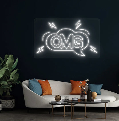 Image of an OMG neon sign on aesthetic living room wall in white color.