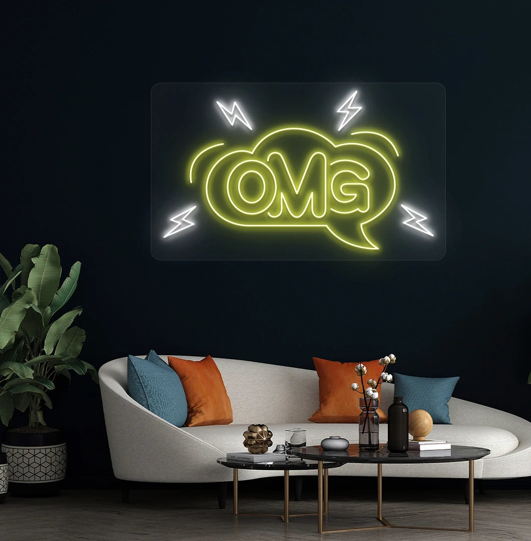 Trendy OMG neon sign in yellow mounted on living room wall.