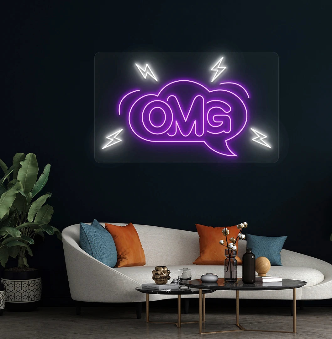 Trendy OMG neon sign in purple mounted on living room wall.