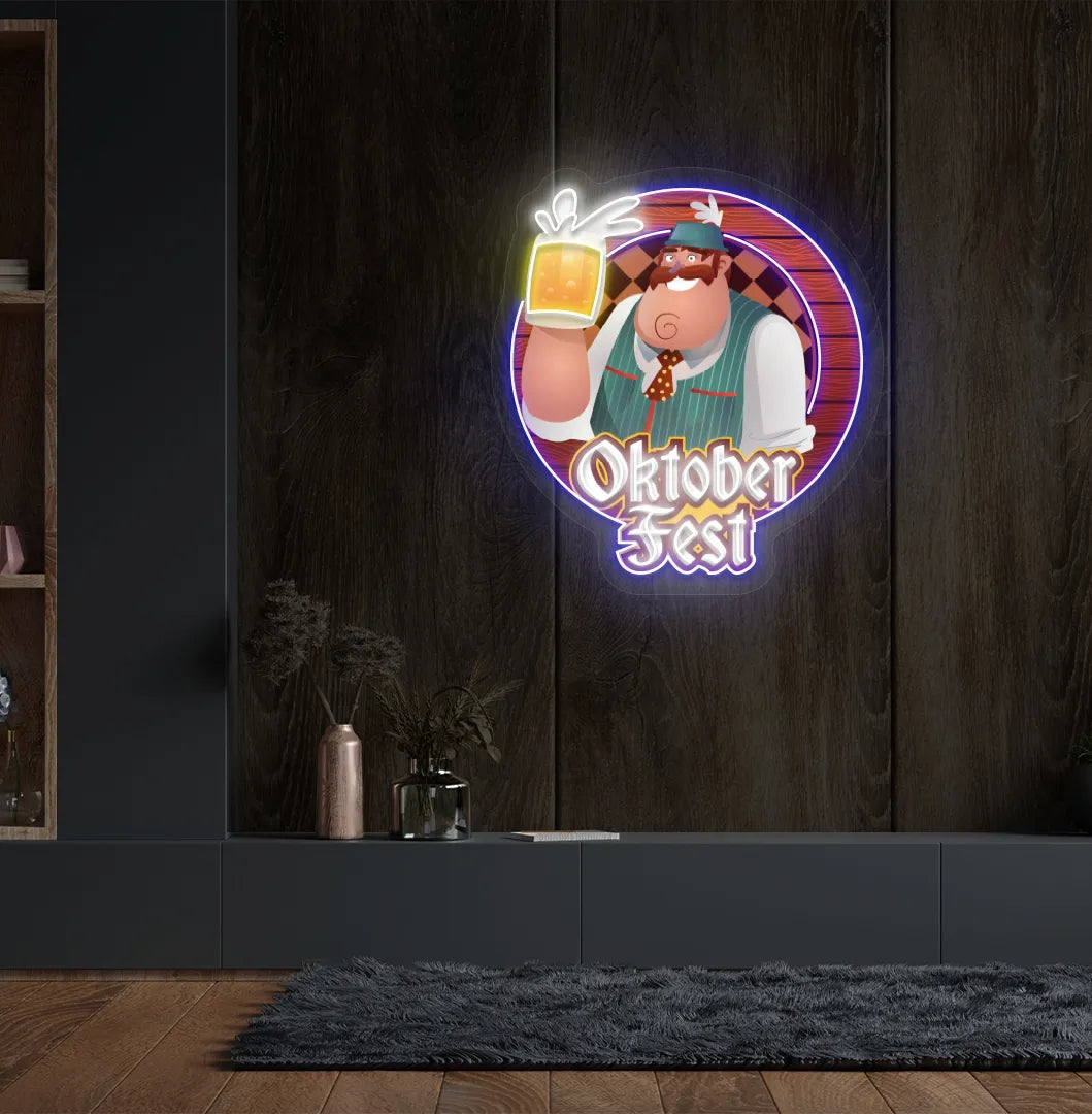 Oktoberfest Beer Guy LED neon sign with blue glow mounted on wall.