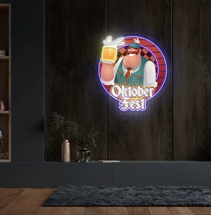 Oktoberfest Beer Guy LED neon sign with blue glow mounted on wall.