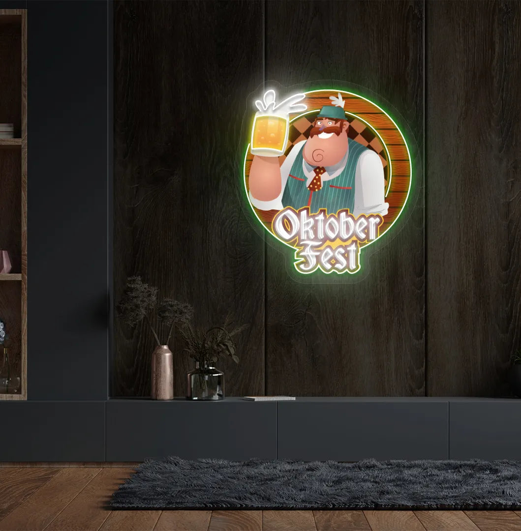 Glowing green Oktoberfest Beer Guy LED sign mounted as wall decoration.