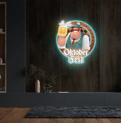 Oktoberfest Beer Guy LED neon sign with ice blue glow mounted on wall.