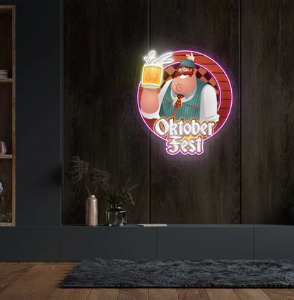 Glowing purple Oktoberfest Beer Guy LED sign mounted as wall decoration.