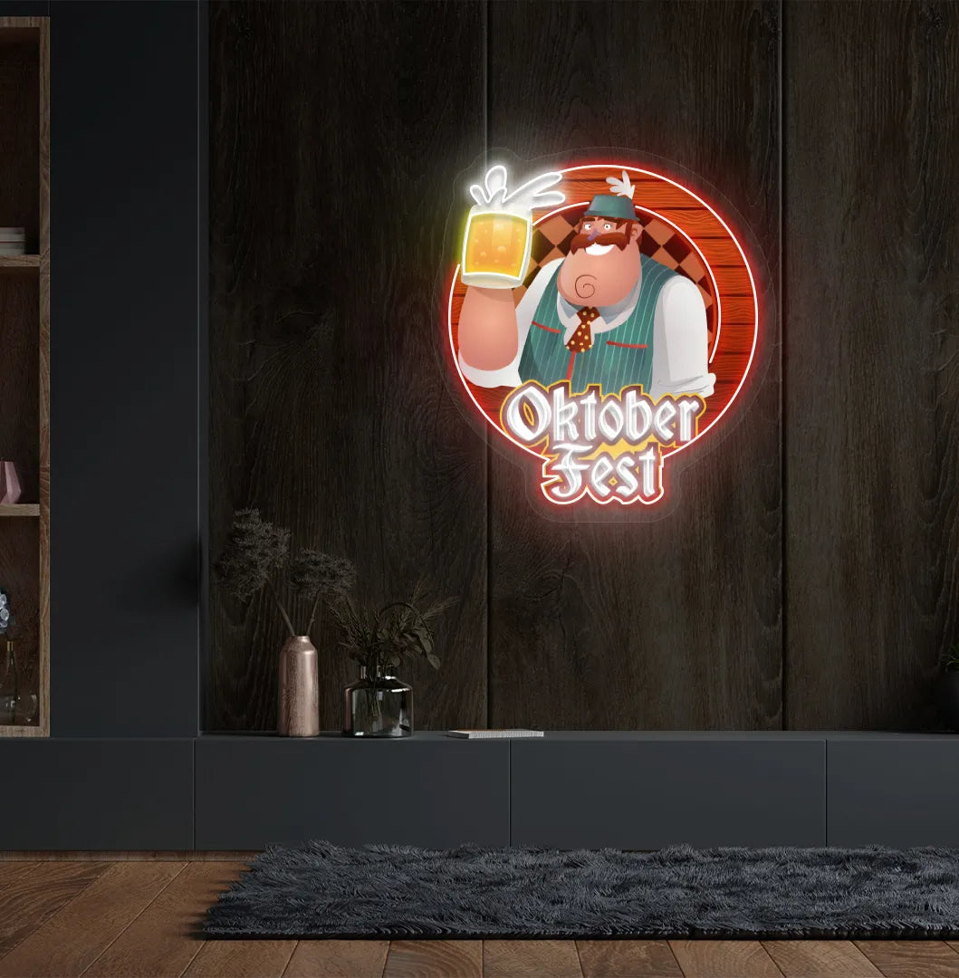 Oktoberfest Beer Guy LED neon sign with red glow mounted on wall.