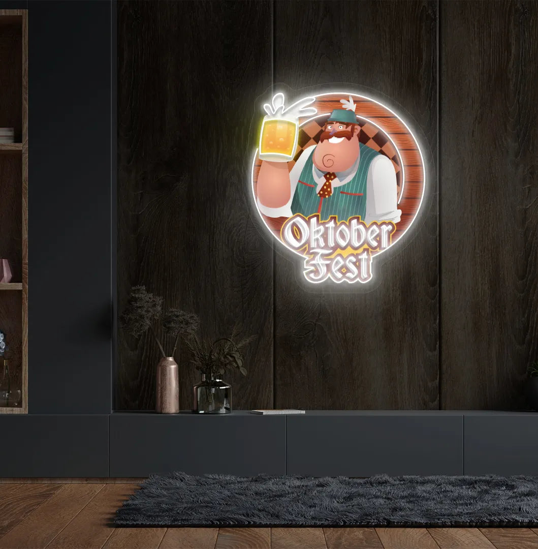 Oktoberfest Beer Guy LED neon sign with white glow mounted on wall.