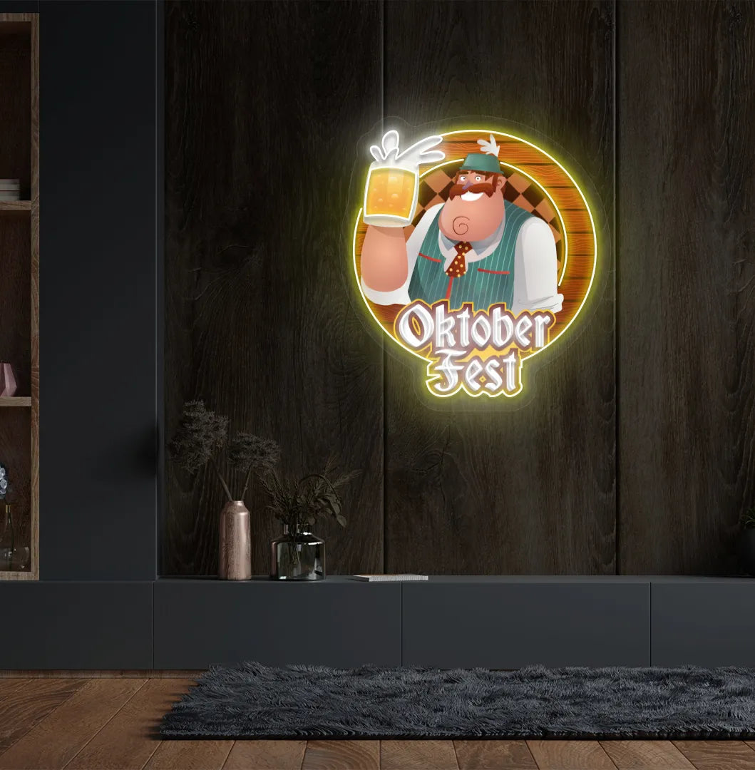 Glowing yellow Oktoberfest Beer Guy LED sign mounted as wall decoration.