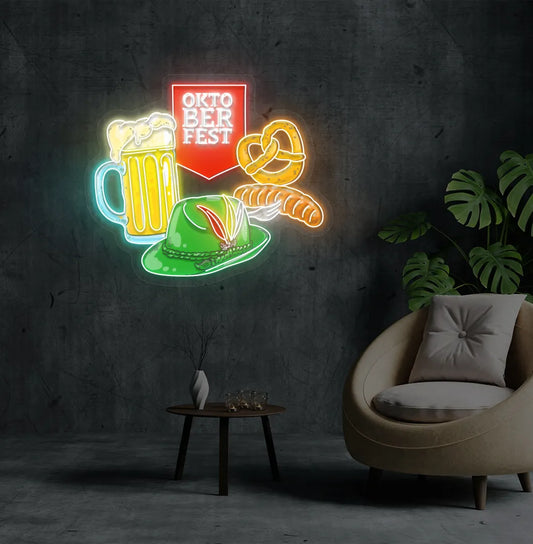 Oktoberfest Mug & Hat Neon Sign illuminated in green and mounted on a wall