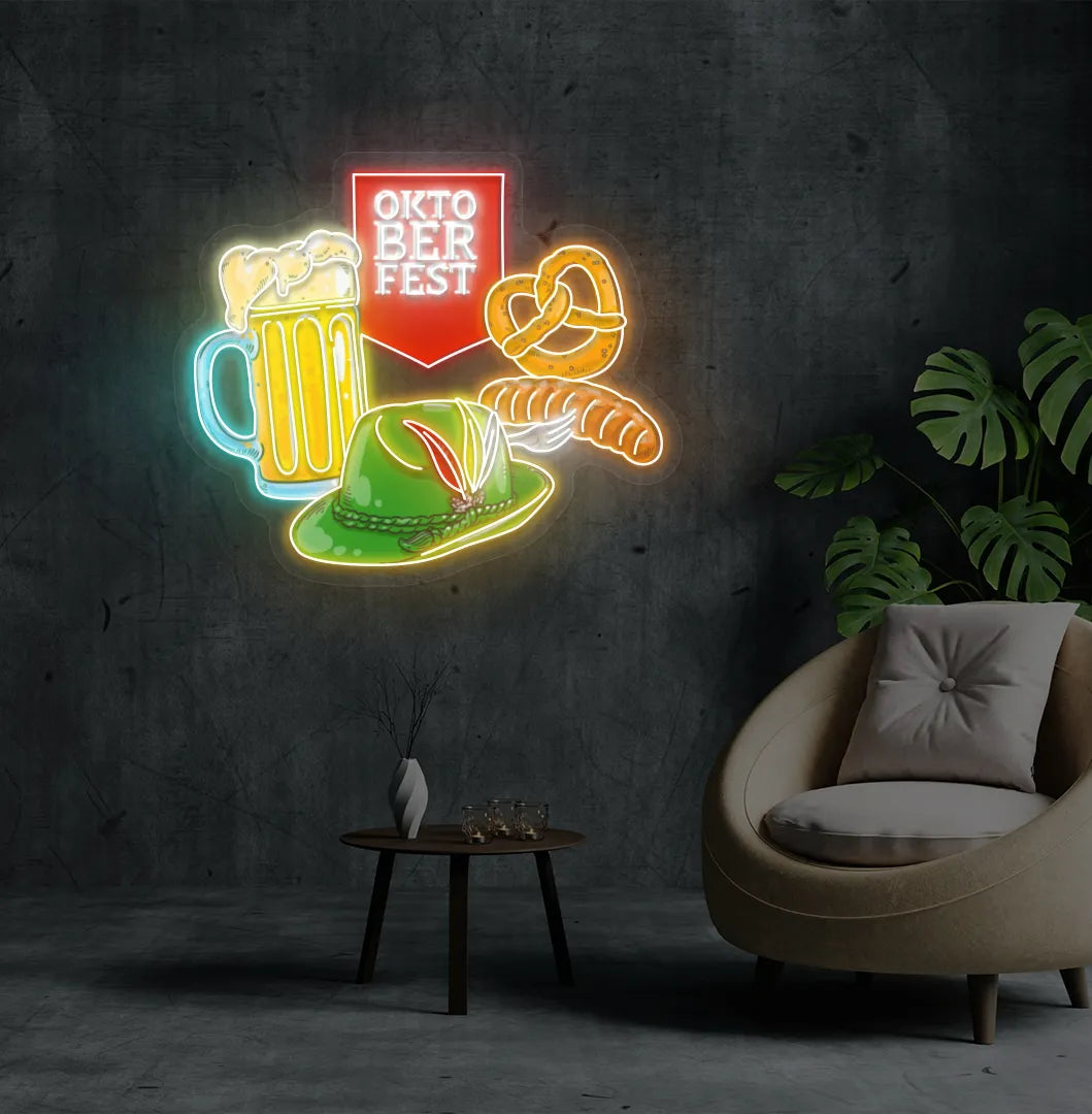 Oktoberfest Mug & Hat Neon Sign illuminated in orange and mounted on a wall
