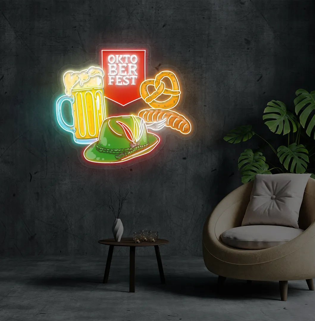 Red LED Oktoberfest Mug & Hat Neon Sign displayed on a wall.