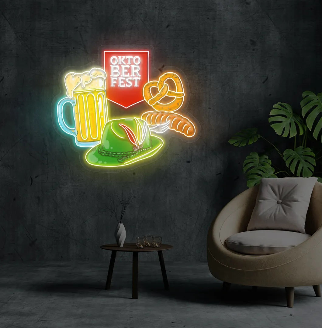 Oktoberfest Mug & Hat Neon Sign illuminated in yellow and mounted on a wall