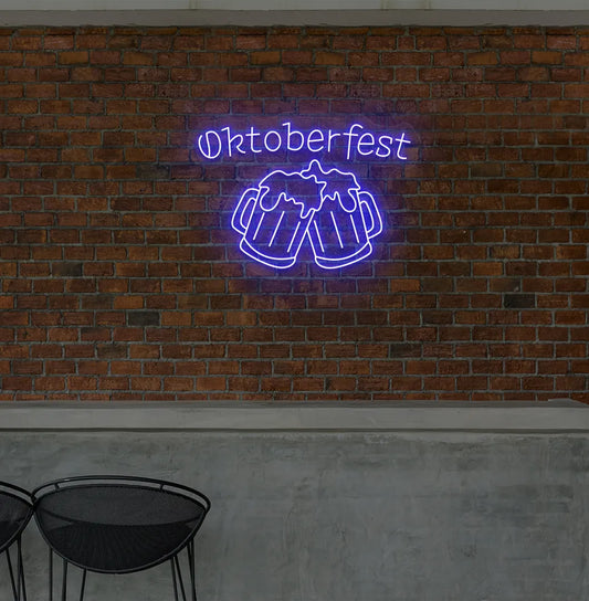 Oktoberfest with Beer Cup Blue Neon Sign creating a festive glow on a wall.
