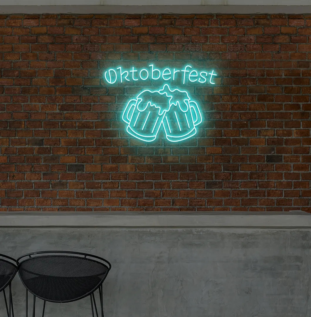 Oktoberfest with Beer Cup ice blue Neon Sign creating a festive glow on a wall.