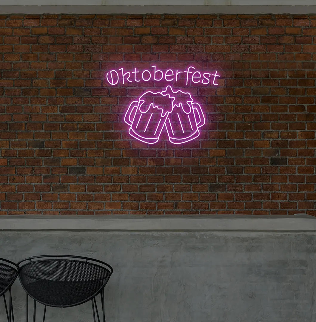 Oktoberfest with Beer Cup Neon Sign illuminated in purple and mounted on a wall