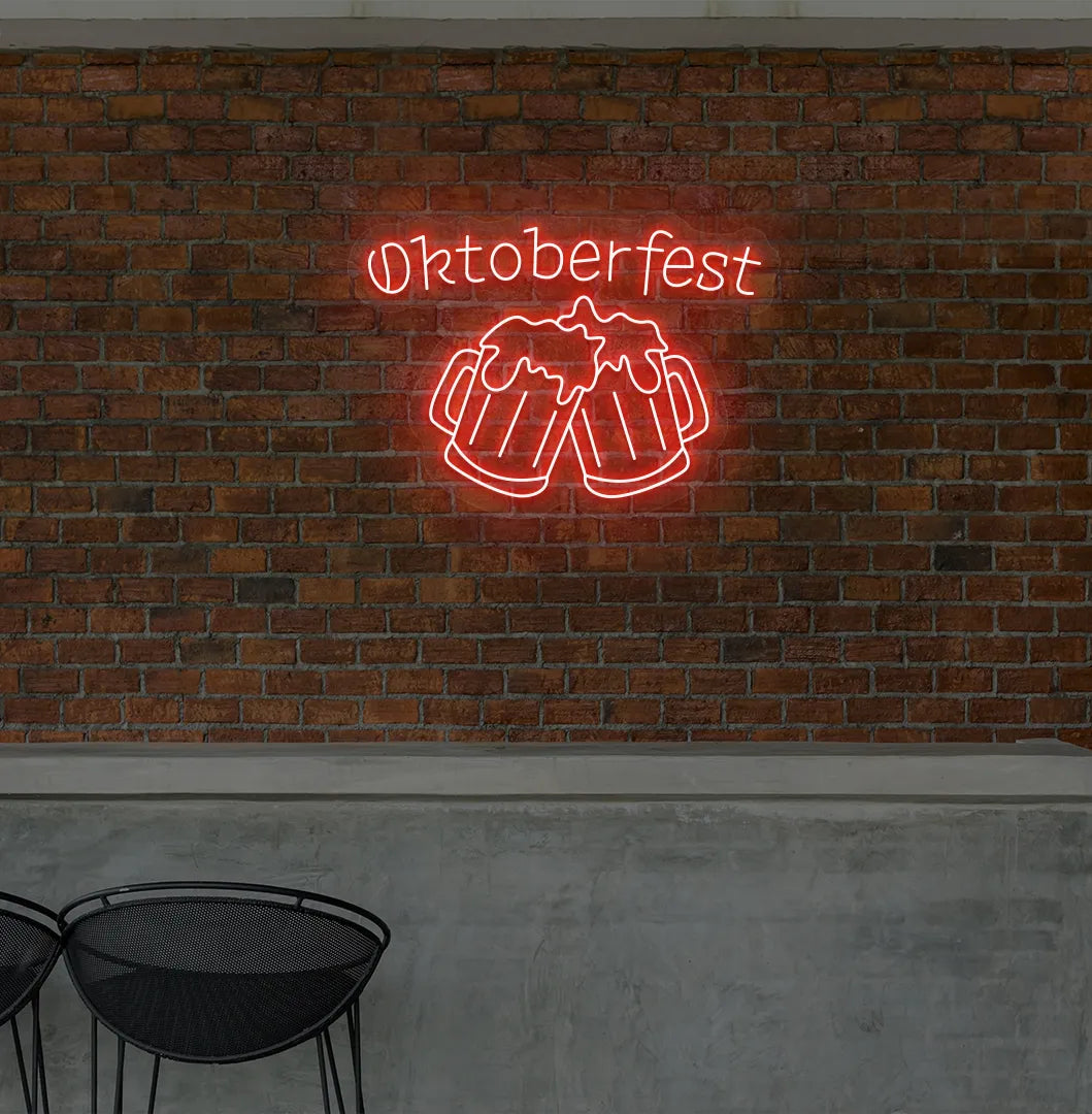Oktoberfest with Beer Cup Red Neon Sign creating a festive glow on a wall.