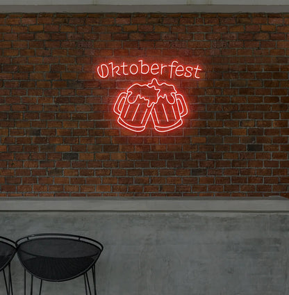 Oktoberfest with Beer Cup Red Neon Sign creating a festive glow on a wall.