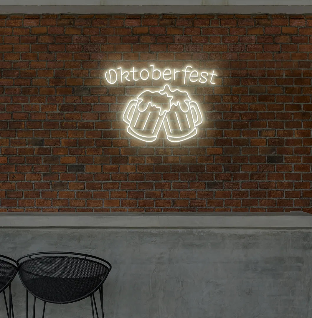 Oktoberfest with Beer Cup Neon Sign illuminated in warm white and mounted on a wall