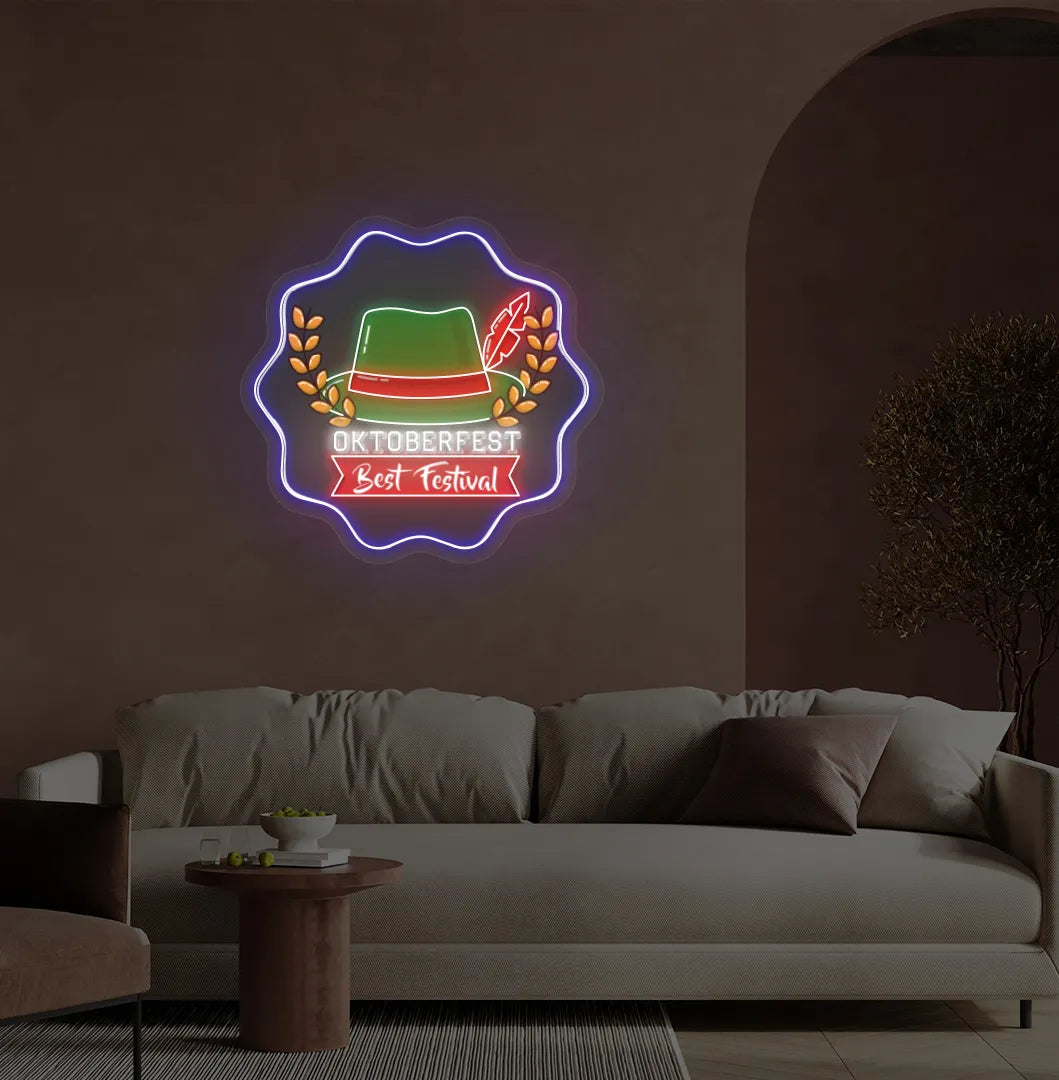 Oktoberfest with Hat Blue Neon Sign creating a festive glow on a wall.