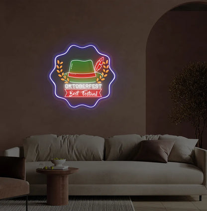 Oktoberfest with Hat Blue Neon Sign creating a festive glow on a wall.