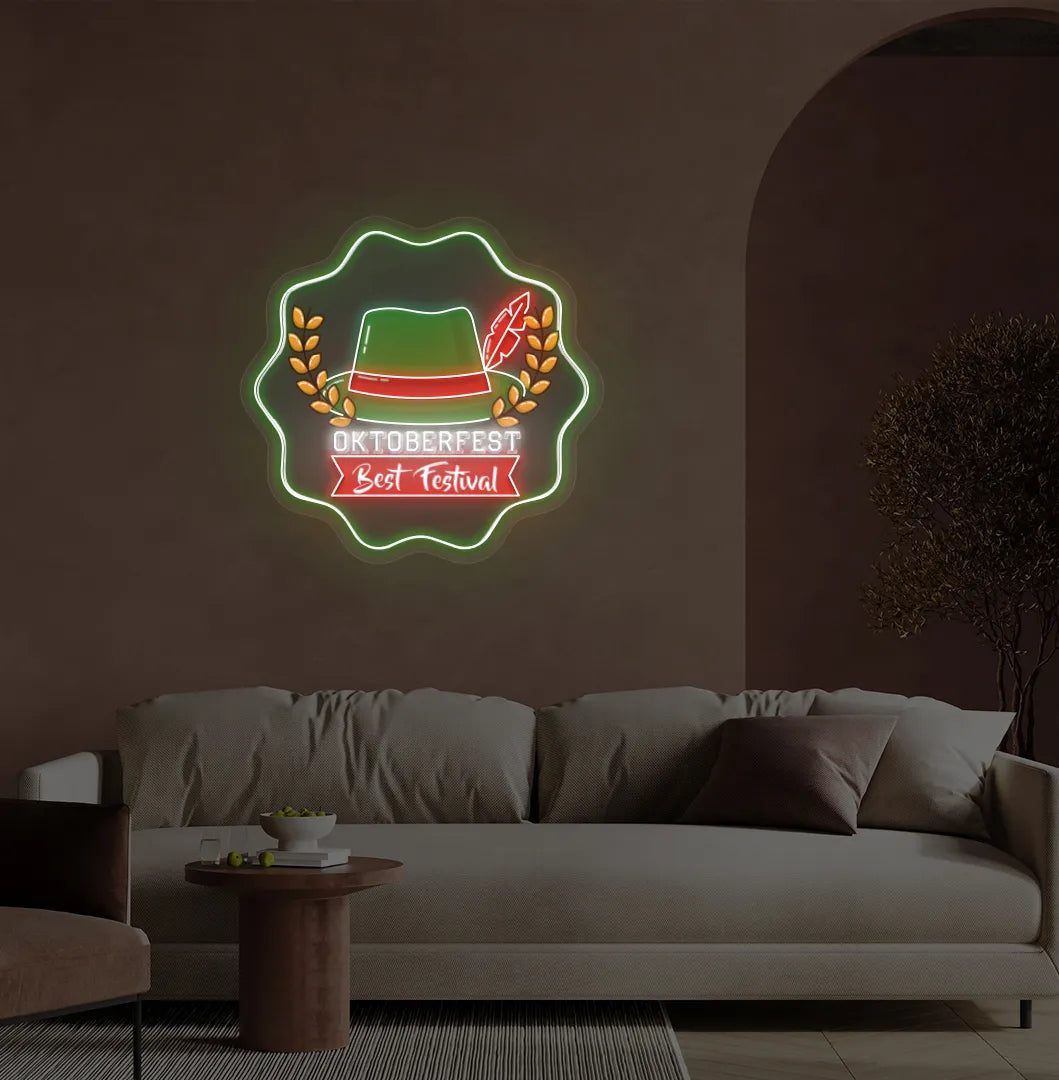 Oktoberfest with Hat Neon Sign illuminated in green and mounted on a wall.