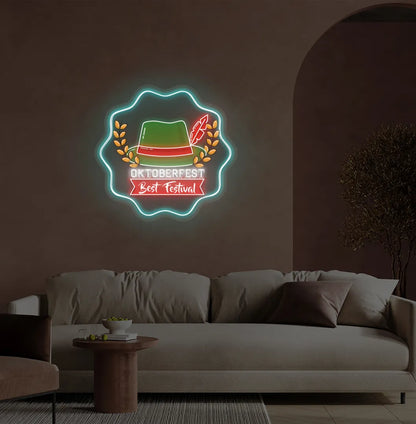 Oktoberfest with Hat Ice Blue Neon Sign creating a festive glow on a wall.