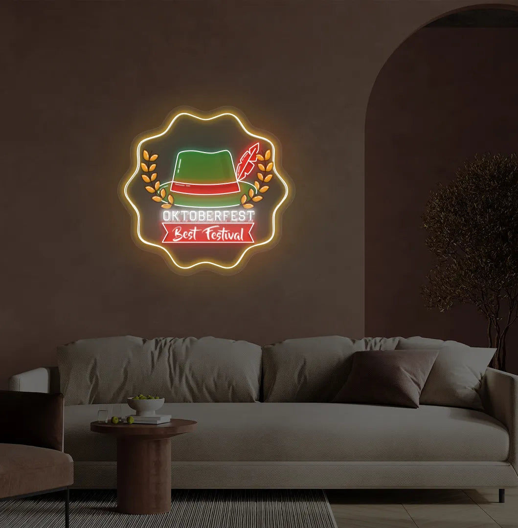 Oktoberfest with Hat Neon Sign illuminated in orange and mounted on a wall.