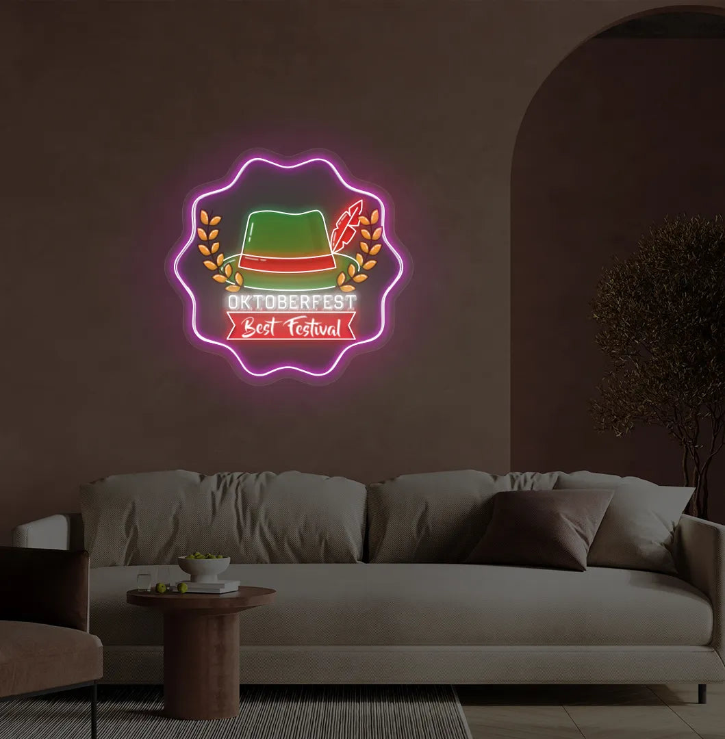 Oktoberfest with Hat Pink Neon Sign creating a festive glow on a wall.