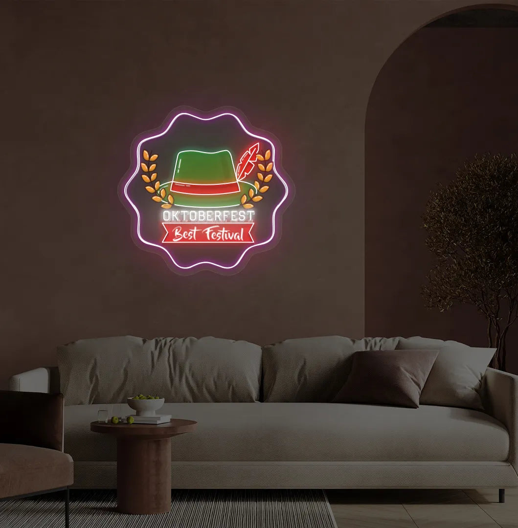 Oktoberfest with Hat Neon Sign illuminated in purple and mounted on a wall.