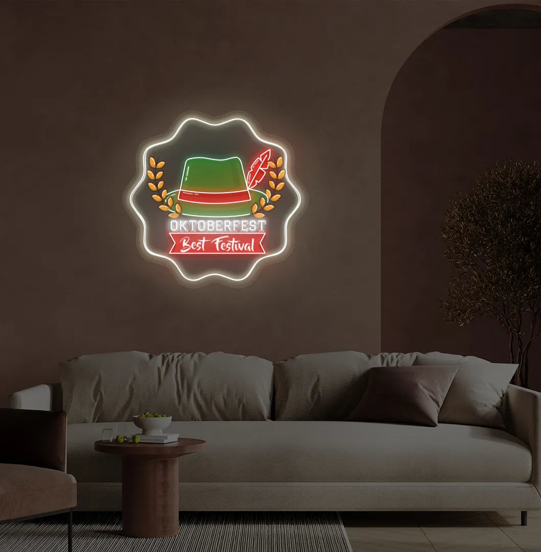 Oktoberfest with Hat Neon Sign illuminated in warm white and mounted on a wall.
