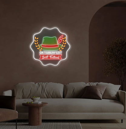 Oktoberfest with Hat White Neon Sign creating a festive glow on a wall.