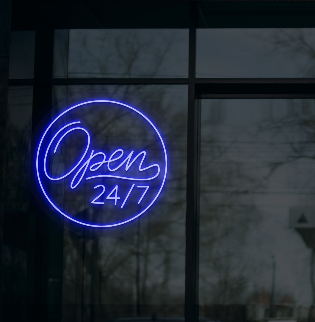Image of a modern "open 24/7" LED neon sign glowing on wall in blue color.