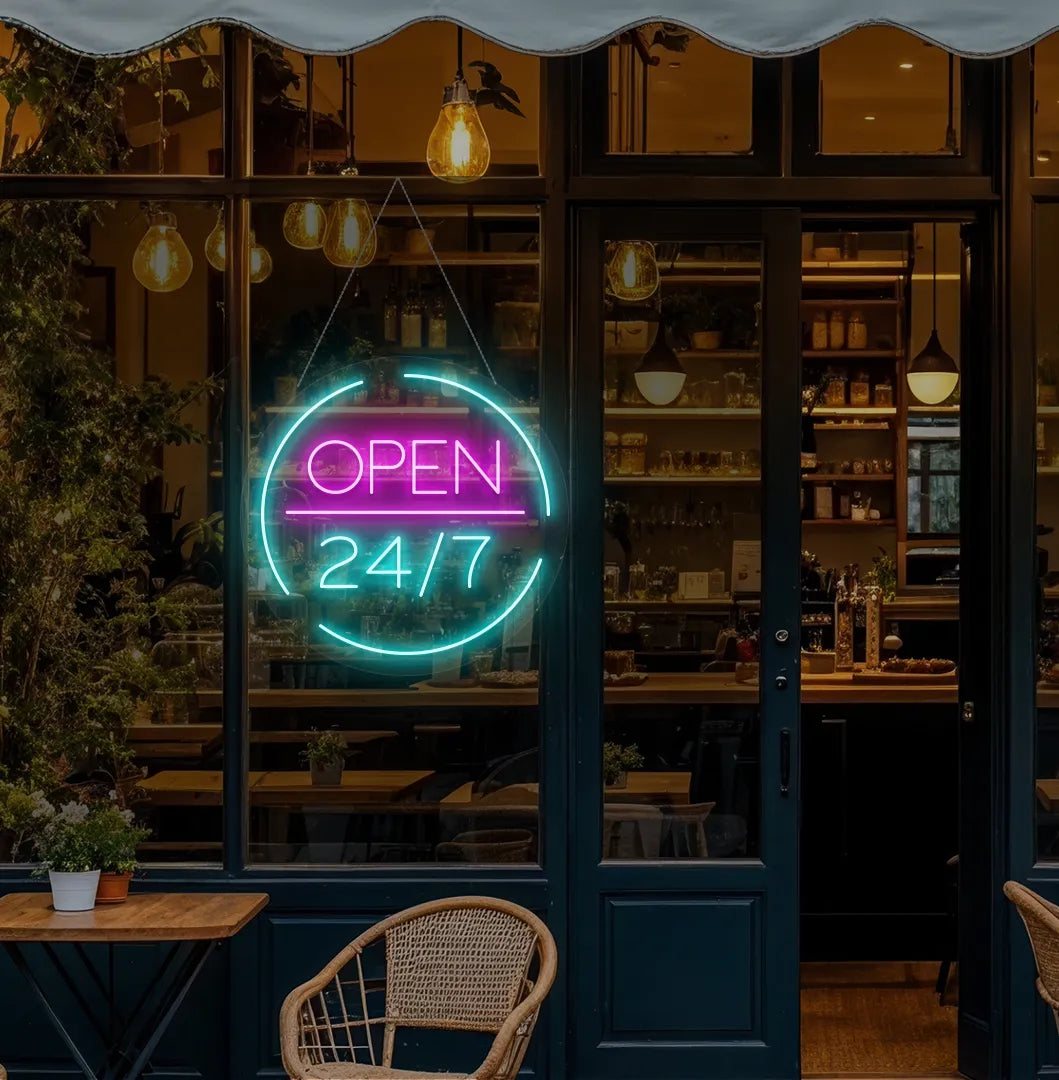 Image of a stylish Open 24/7 neon sign mounted on coffee shop glass door in ice blue color.